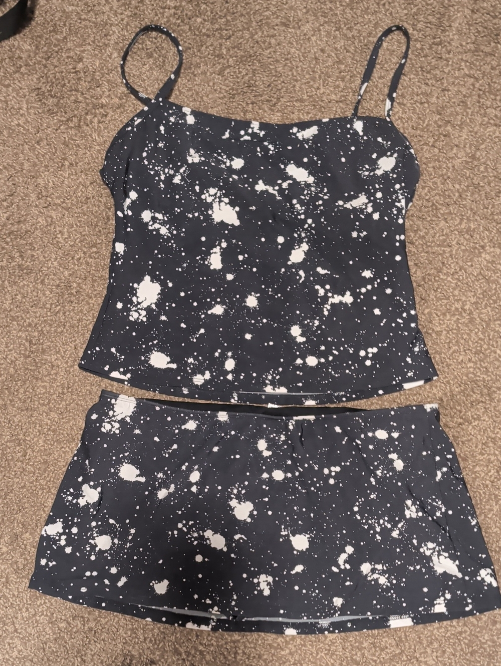 Black and White Splatter Print Cami Top & Skirt 2-piece Swimwear Set
